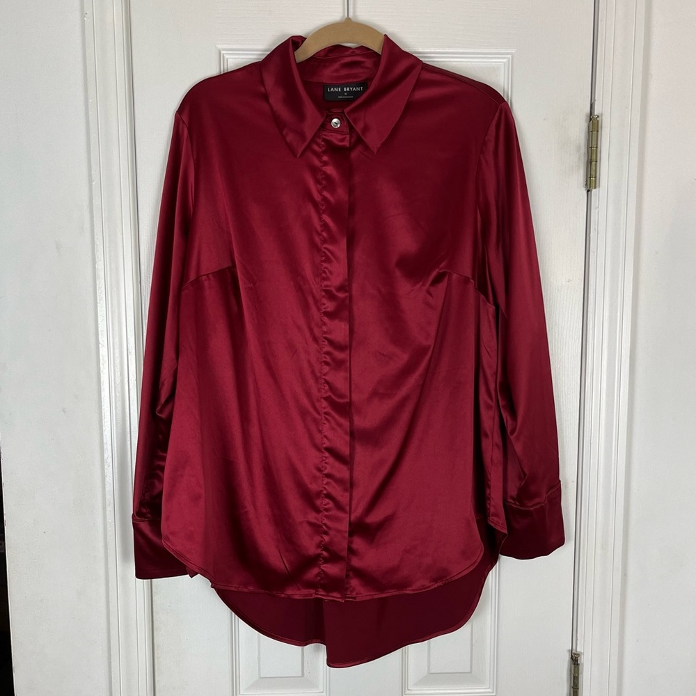 Lane Bryant Cabernet Red Satin Button-Down Boyfriend Shirt